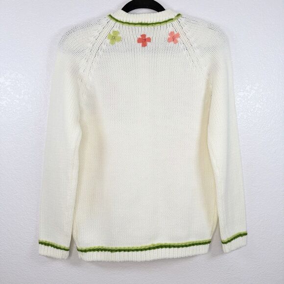 VINTAGE Starlight Trading White Cream Floral Cardigan Sweater Size Medium Granny - Picture 3 of 11